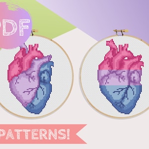 Bisexual Pride Anatomical Heart Cross Stitch PDF Pattern | Instant Digital Download | LGBTQA+ Bi Pride Cross Stitch Pattern