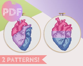 Bisexual Pride Anatomical Heart Cross Stitch PDF Pattern | Instant Digital Download | LGBTQA+ Bi Pride Cross Stitch Pattern