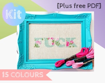 Vintage Floral Fuck Cross Stitch Kit, DIY Craft Kit , Counted Cross Stitch Kit, Cross Stitch Instructions Pattern, Modern Cross Stitch Kit