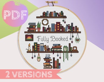 Fully Booked Bookshelf Cross Stitch PDF Pattern |  Fully Booked Cross Stitch | Bookshelf Cross Stitch Pattern