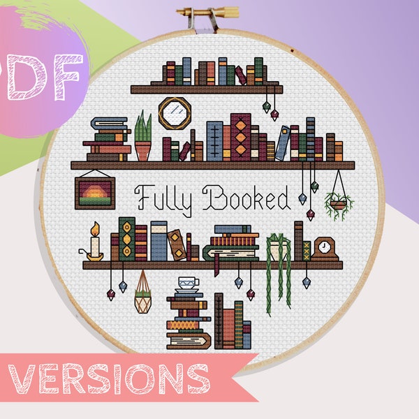 Fully Booked Bookshelf Cross Stitch PDF Pattern |  Fully Booked Cross Stitch | Bookshelf Cross Stitch Pattern