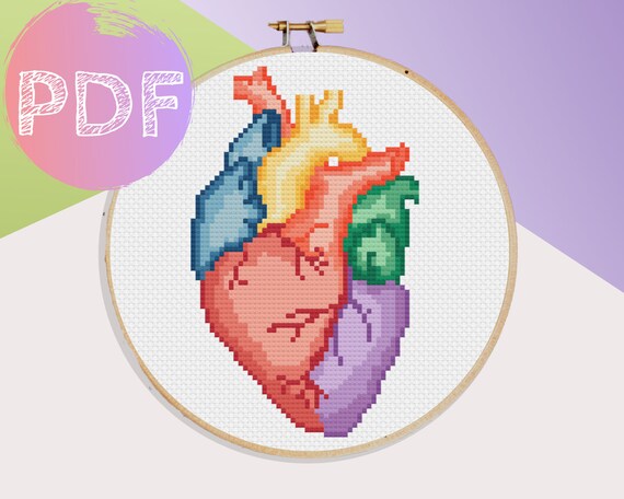 Rainbow Heart Cross Stitch Pdf Pattern Colourful Rainbow Modern Cross Stitch Anatomy Cross Stitch Pattern Anatomical