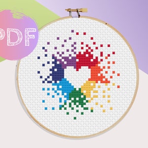 Mini modèle PDF au point de croix en forme de coeur arc-en-ciel |  Point de croix moderne | Modèle de point de croix arc-en-ciel