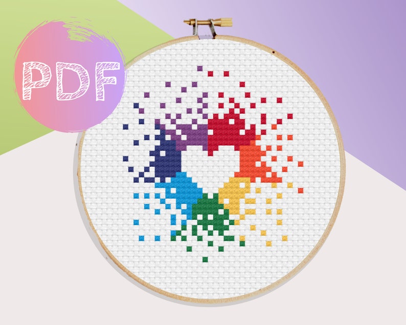Mini Rainbow Heart Cross Stitch PDF Pattern Modern Cross Stitch Rainbow Cross Stitch Pattern image 1
