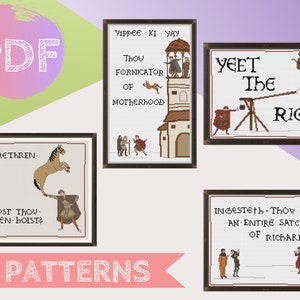 Könnte beinhalten: Vier Kreuzstichmuster mit mittelalterlichen Illustrationen und humorvollem Text. Die Designs zeigen eine Turmszene mit Yippee Ki Yay, ein Trebuchet mit Yeet The Rich, eine Person, die ein Pferd hebt mit Brethren Dost Thou Even Hoist, und Ingesteth Thou An Entire Satchel Of Richards.