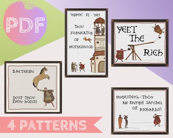Bundle médiéval 7 Cross Stitch PDF Pattern | Point de tapisserie de Bayeux, Dost Thou Even Hoist, Satchel of Richards, Yeet the Rich, Yippee Ki Yay