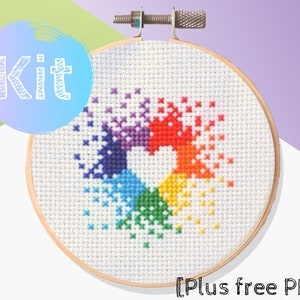 Mini Rainbow Heart Cross Stitch Kit, DIY Craft Kit, Counted Cross Stitch Kit, Cross Stitch Instructions Pattern, Modern Cross Stitch Kit