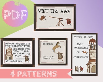 Lot de 6 modèles de broderie au point de croix médiéval | Point pour tapisserie de Bayeux |  Dost Thou Even Hoist, Field of Fucks, Yeet the Rich, Yippee Ki Yay