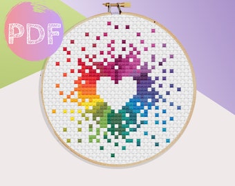 Mini Bright Rainbow Heart Cross Stitch PDF Pattern |  Modern Cross Stitch | Rainbow Cross Stitch Pattern