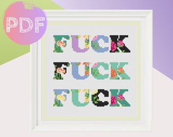 Vintage Floral Fuck Sampler Cross Stitch PDF Pattern, Vintage Floral Sweary Cross Stitch, Subversive Modern Cross Stitch