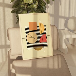 Ljus geometrisk abstrakt väggkonst | Gul svart orange väggkonst | Cirkel halvcirkel och kvadrat med parallella korsande linjer | Former