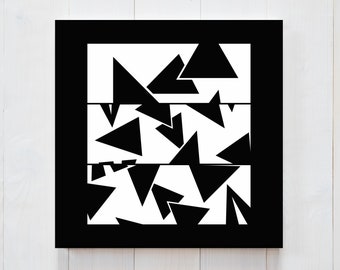 067 Square black and white poster| black triangles abstract elements on three panels| limited meditative series no.8 | for modern interiors