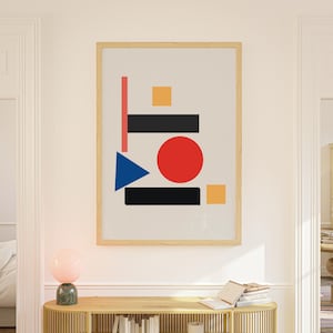 Forme Bauhaus: stampa artistica geometrica audace / decorazione murale astratta moderna / design rosso, blu e nero vibrante per la casa contemporanea