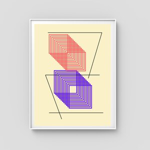 May include: Geometric art print featuring red and purple nested squares and black lines on a cream background. The artwork is framed in a white border. Modern abstract wall art for home decor.