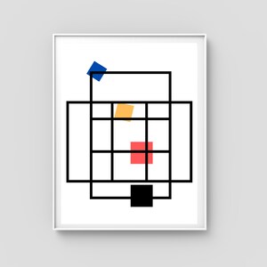 Peut inclure: Impression d'art géométrique abstrait avec un fond blanc, des lignes noires et des formes colorées. Le design comprend un losange bleu, un carré orange, un carré rouge et un carré noir, créant une esthétique minimaliste moderne.
