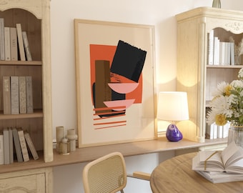 Abstrakte Kunst Boho, Terrakotta und Schwarz, moderner Druck, warmer Erdton, minimalistisches geometrisches Wohndekor, Collage-Stil