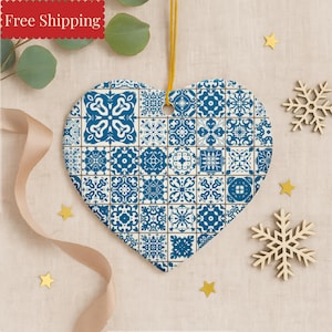Blauw-witte tegelkerstversiering | Mozaïek met Portugees patroon voor in de kerstboom | Voor liefhebbers van mediterrane cottagecore