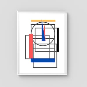 Bauhaus-inspirerad affisch | Geometriskt konstverk Svarta ramar med röd, blå och gul rektangel | Blå och röda triangulära klockvisare | Originalkonst