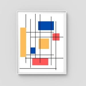 Stampa geometrica ispirata al Bauhaus / Rettangoli rossi, blu e gialli su linee parallele / Decorazione originale per spazi abitativi o lavorativi alla moda