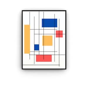 May include: A framed wall art print featuring a white background with a grid of thin black vertical and horizontal lines. Interspersed among the lines are solid rectangular shapes in primary colors including blue, yellow, and red.