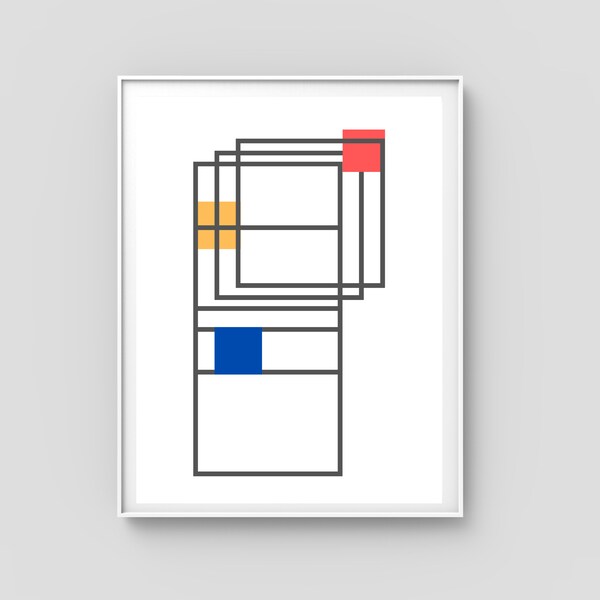 043 Bauhaus Inspired Geometric Print | Red Yellow and Blue Squares on a Frame | Minimalist Wall Arto for Contemporary Office