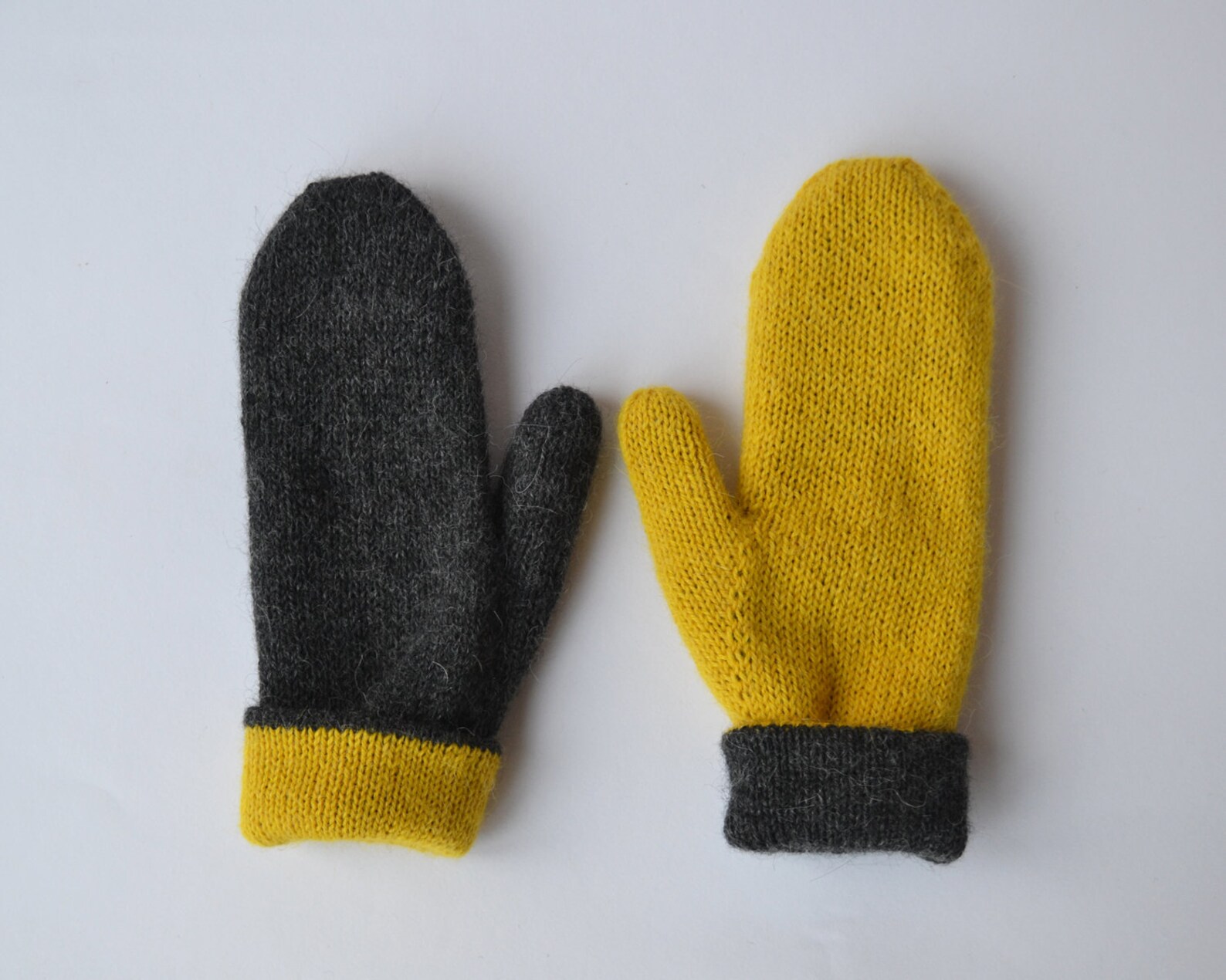 Double knitted womens mittens Dark Gray yellow lined mittens Etsy