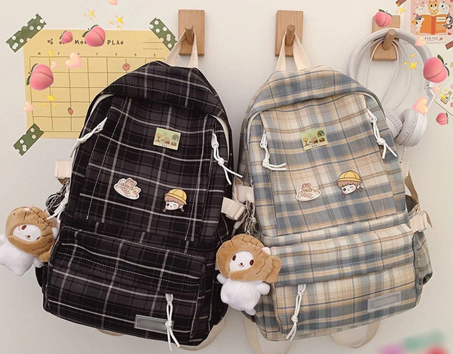 Kawaii Rucksack School Backpack Plaid Backpack Kawaii Bag Etsy
