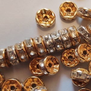 100x  Gold Plated Rondelle Rhinestones, Clear Crystal Rhinestone Spacers , 6mm OR 8mm Brass & Crystal Spacers, Grade A