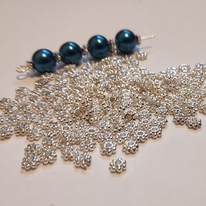 100 OR BULK 1000pcs  Heishi 4.5mm Beads, Thick Daisy Beads, Flower Spacer,   Bali Style Beads/Caps, Bright Silver Plated