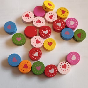 Lovely Multicolour Wood Beads, Flat  Round Wood Beads, 14mm wooden Beads, Heart Theme 25 pcs