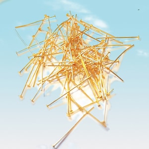BULK 100-1000 - 50 mm Vergoldete Headpins, Flachkopfstifte, (24K) Farbe Gold Headpins