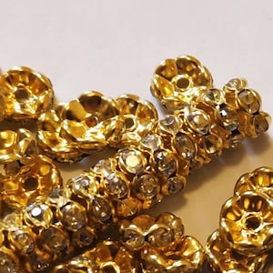 100 Bright Gold Plated Rondelle Rhinestones, Clear Crystal Rhinestone Spacers , Wavy Fringe 8mm Brass & Crystal Spacers, GRADE AA