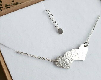 DOUBLE HAMMERED HEART recycled silver necklace | recycled silver heart necklace | silver hearts necklace | silver heart shapes necklace |