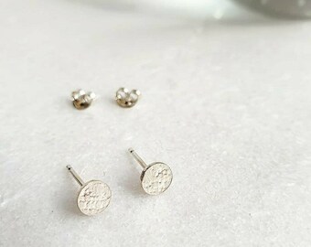 LACE PRINT MINI circle recycled silver stud earrings | little silver full moon stud earrings | minimal silver studs | small silver studs |