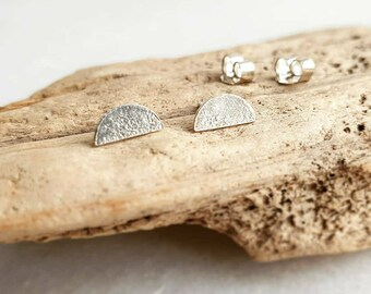 TEXTURED HALF MOON recycled stud earrings | little silver half moon stud earrings | minimal silver studs | small silver studs | little studs