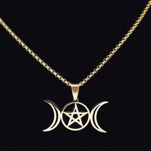 Triple Moon Goddess Pentacle Necklace - Stainless Steel, Gold, Silver, Black, Wiccan, Pagan, Goth Pentagram