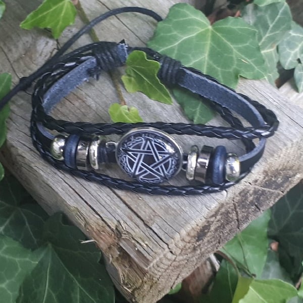 Witchy Leather Pentacle Bracelet - Wiccan, Pagan, Goth, Supernatural - for Men, Women, Teens