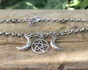 Triple Moon Witchy Necklace - Pentacle, Pentagram,  Wiccan Pagan Triple Goddess Goth