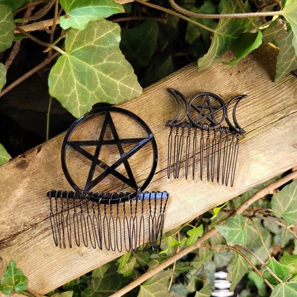 Black Triple Moon Pentacle Hair Comb - Witchy Hair - Wiccan, Pagan, Goth