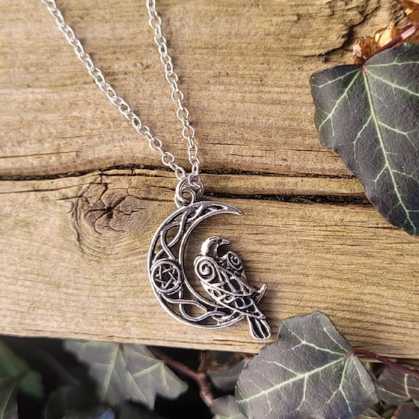 Celtic Knotwork Raven Pentacle Crescent Moon Necklace - Wiccan Pagan Celtic Viking