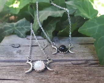 Triple Moon Witchy Necklace - Full or New Moon (Black or White) *New Color Choices Added * Wiccan Pagan Triple Goddess Goth