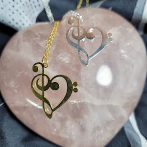 Music Heart Stainless Steel Necklace, Treble Clef, Bass Clef