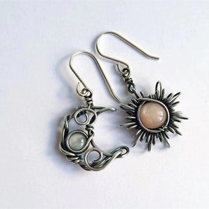 Boucles d'oreilles dépareillées soleil lune, bohème hippie wicca païen