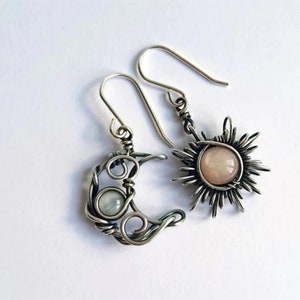 Sun Moon Mismatched Earrings, Boho Hippie Wiccan Pagan