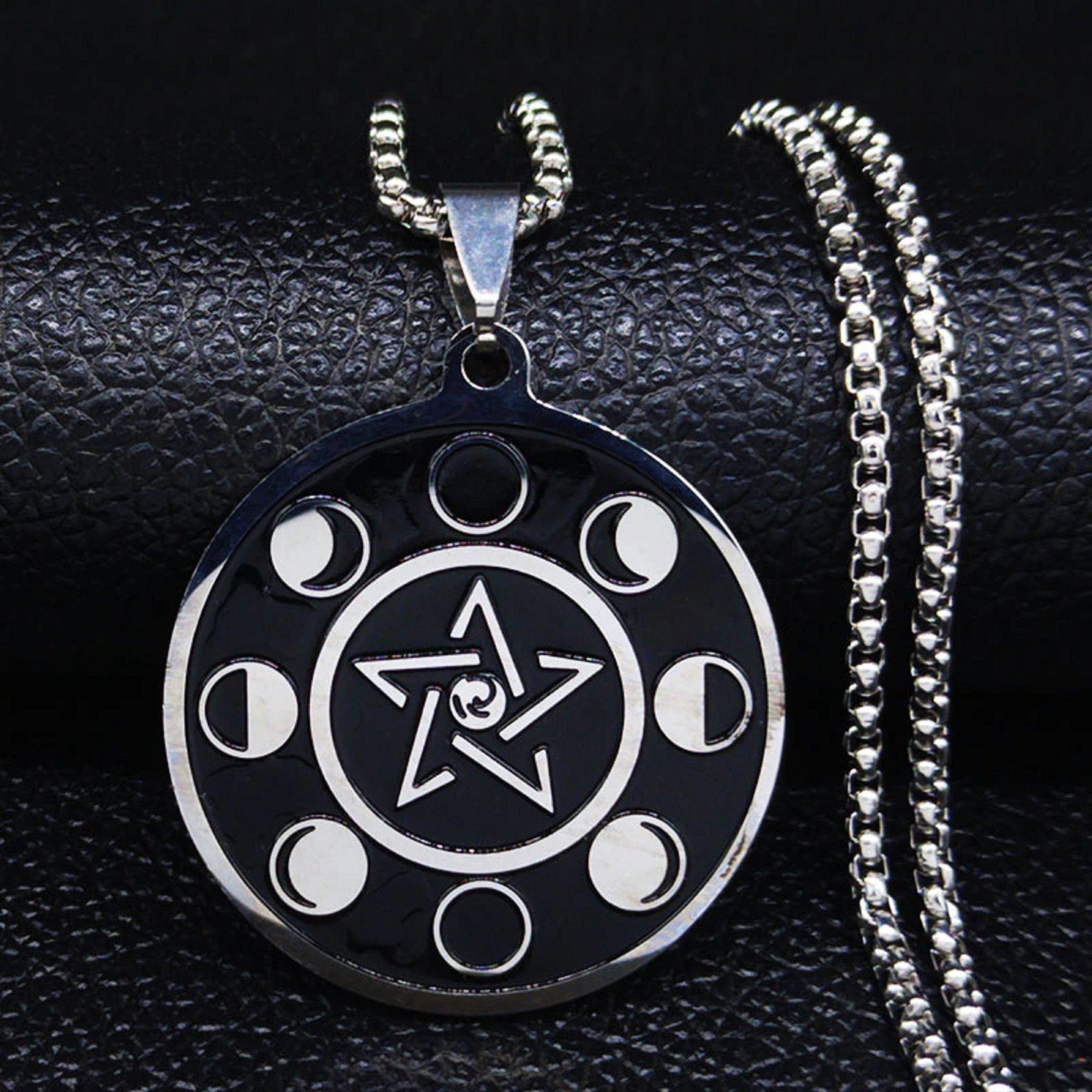 Pentacle Pentagram Moon Phase Necklace - Stainless Steel - Wiccan