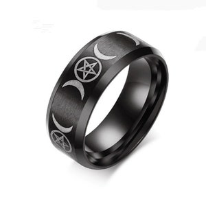 Pierścień Bogini Pentagramu Pentagramu Potrójnego Księżyca, Wicca, Wiccan, Pagan, Czarny, Srebrny, Tęczowy