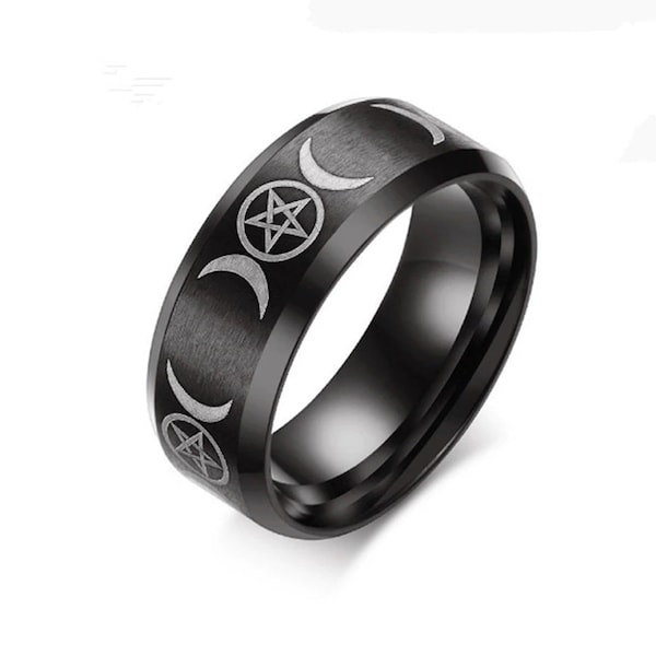 Triple Moon Pentacle Pentagram Goddess Ring, Wicca, Wiccan, Pagan, Black, Silver, Rainbow