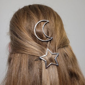 Silver Moon Star Hair Clips, Celestial Hair, Adult, Youth, Long Hair Clip, Hair Accessory