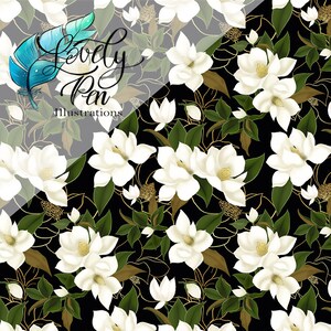 Magnolia on black Background Seamless File hand painted