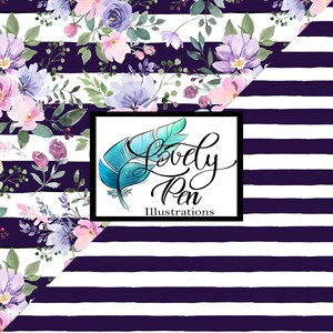 May include: A seamless pattern featuring watercolor purple and pink flowers on a white and dark purple striped background. The pattern is accented with green leaves and a logo for "Lovely Pen Illustrations" in the bottom right corner.